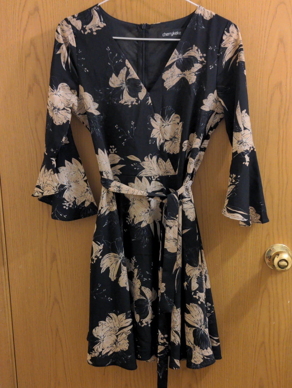 Black Floral Wrap Dress with Cream Floral Print